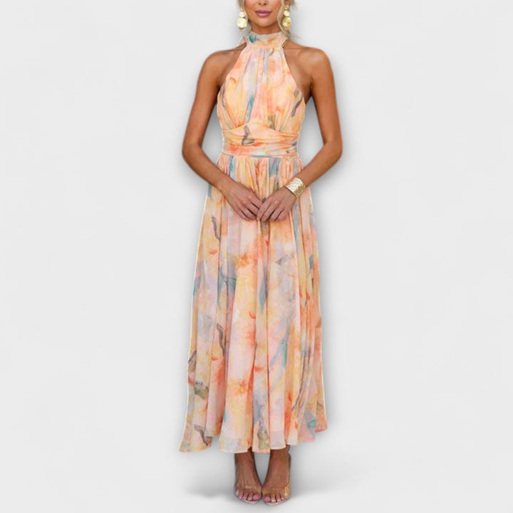 Halter-Neck Watercolor Print Maxi Dress