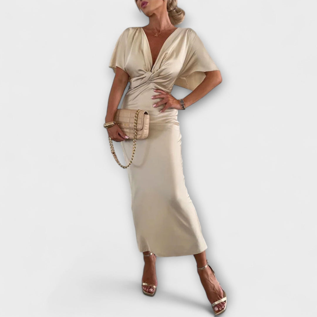 Sable - Solid Satin V-Neck Cross Knot Slim Fit Maxi Dress